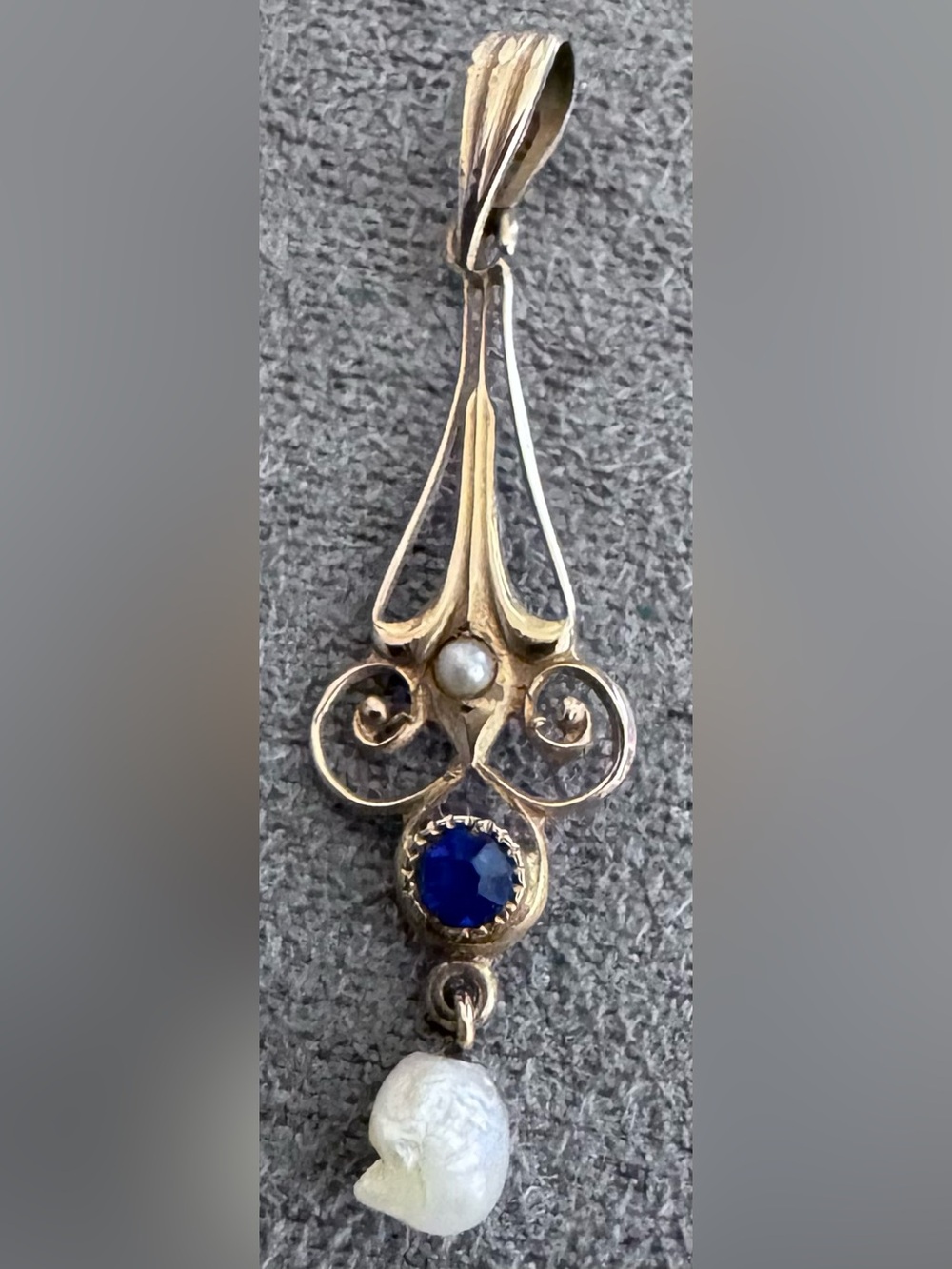 Edwardian Antique 10k Gold Necklace Pendant with Blue Stone and Pearl Drop